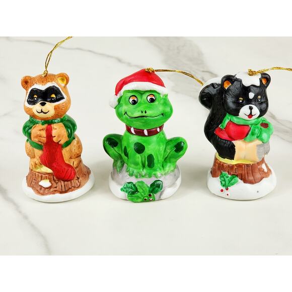 Christmas Bell Ornament Frog Racoon Skunk 3 1/4" Ceramic 1987 Taiwan x3 Holidays - Picture 1 of 15
